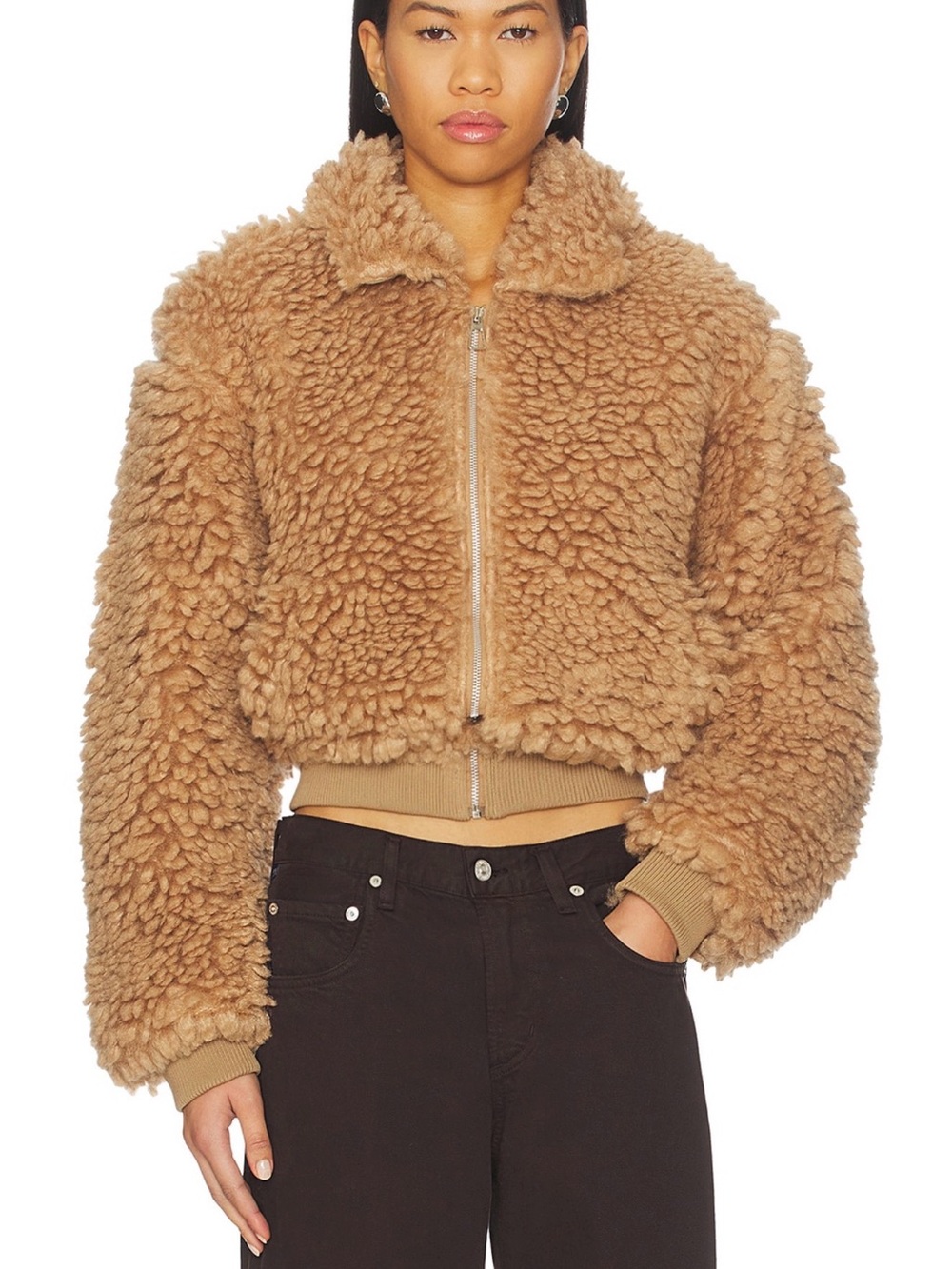 Cropped Teddy Jacket in Camel Plush Faux-Shearling